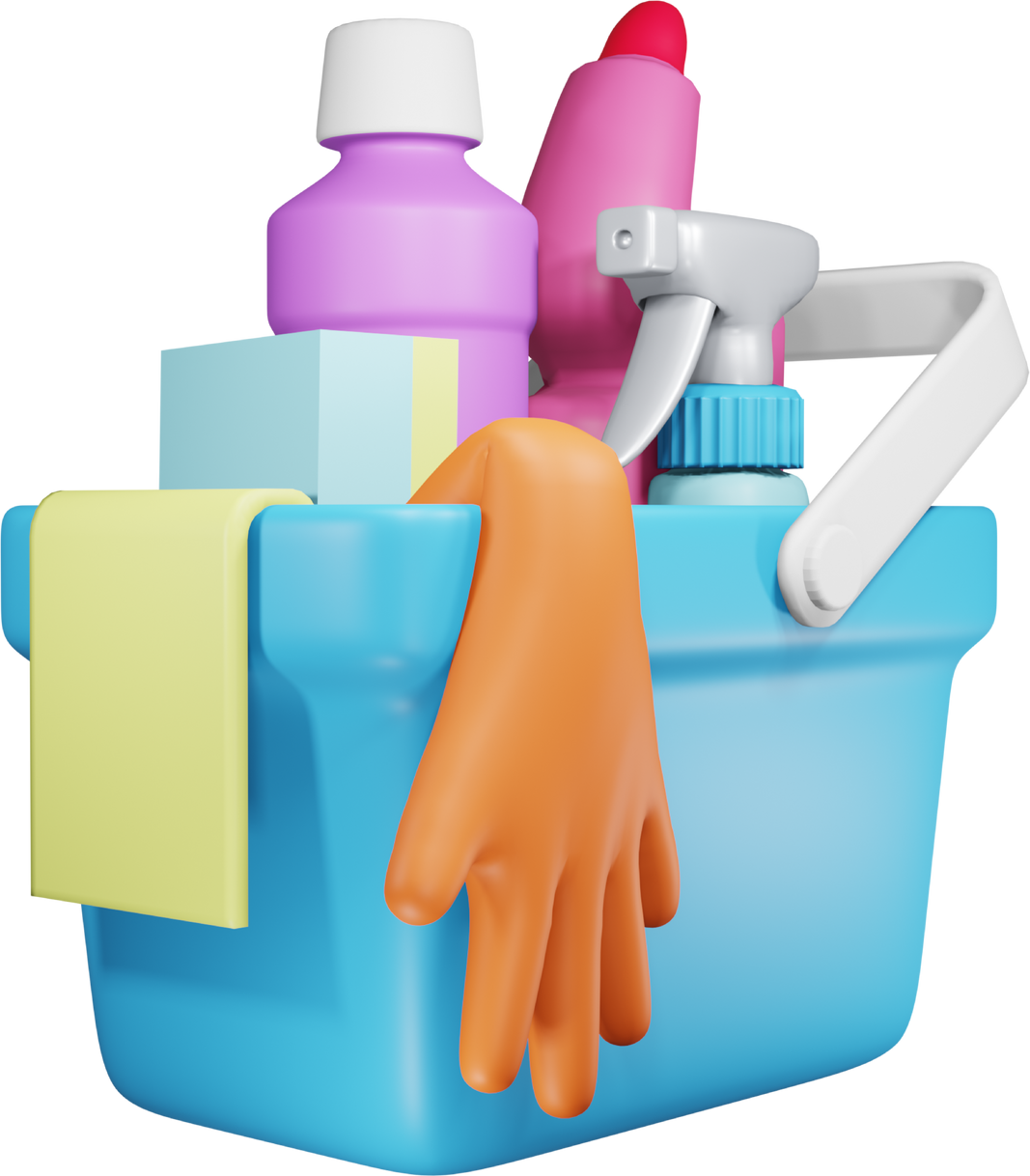 Cleaning products and detergent in plastic bucket. Home cleaning and disinfection concept. 3D PNG.